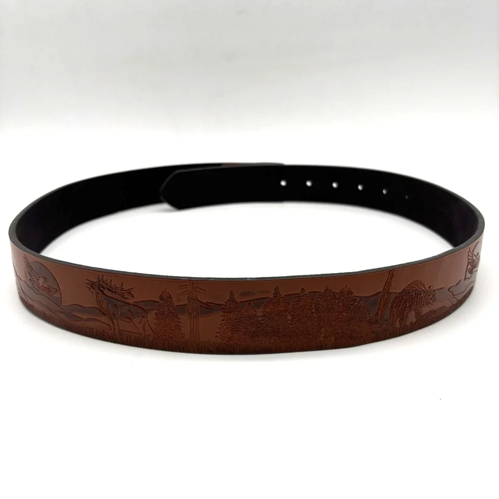 NEW Brown Faux Leather Woodland Animals Scene Tooled Western Belt 31-39